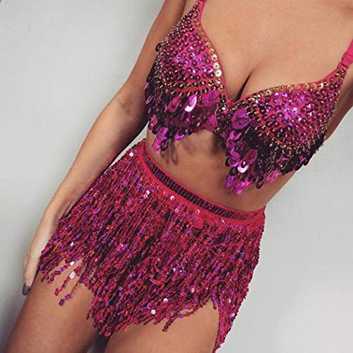 Belly Dance Hip Skirt Tassel Scarf Sequin Wrap Rave Costume for Women (Blue)