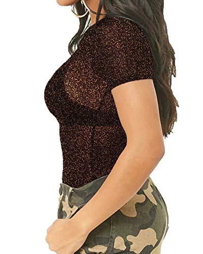 Women's Long Sleeve Short Sleeve Glitter Sheer Mesh Tops T Shirt Blouse Clubwear