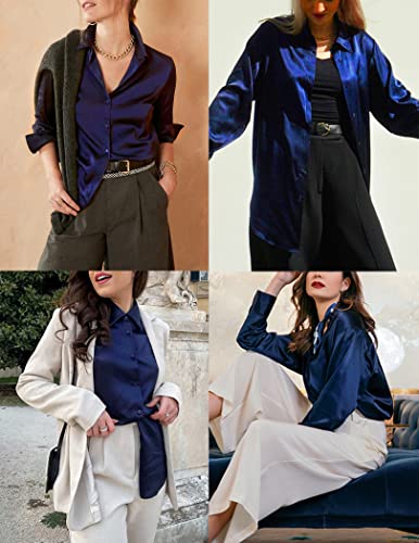 Black Silk Button Up Shirt Women Satin Blouse Casual V-Neck Long Sleeve Business Office Blouses Tops Black S