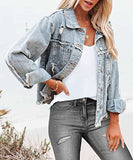 Denim Jacket for Women Distressed Ripped Frayed Crop Jean Jacket American Flag Long Sleeve Light Blue Button Closure Bike Coat