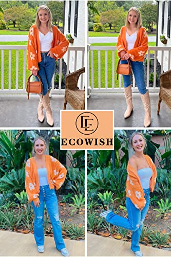 Women's Cardigan Sweaters - Floral Knit Open Front Crop Cardigans Long Sleeve Sweater Outwear Tops Orange L