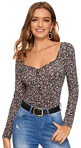 Women's Knot Front Printed Square Neck Fitted Long Sleeve Tee Blouse Top