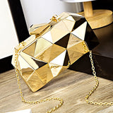 Women Lattice Pattern Metal Handbag Chain Geometric Evening Clutch Purse, Gold