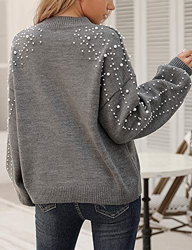 Women's Chunky Sweater Crewneck Sweatshirt Knit Lantern Sleeve Oversized Pullover Sweater with Pearls (Large, Grey)