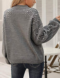 Women's Chunky Sweater Crewneck Sweatshirt Knit Lantern Sleeve Oversized Pullover Sweater with Pearls (Large, Grey)