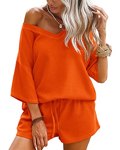 Womens Waffle Lounge Set Fashion Sexy V Neck Outfits Solid Color Tracksuits Set with Pockets