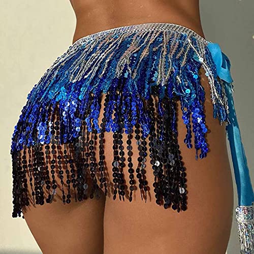 Belly Dance Hip Skirt Tassel Scarf Sequin Wrap Rave Costume for Women (Blue)