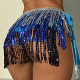Belly Dance Hip Skirt Tassel Scarf Sequin Wrap Rave Costume for Women (Blue)