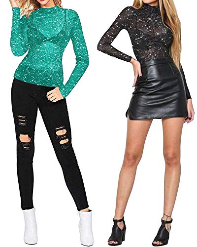 Women's Long Sleeve Short Sleeve Glitter Sheer Mesh Tops T Shirt Blouse Clubwear