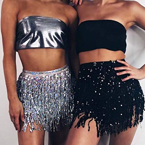 Belly Dance Hip Skirt Tassel Scarf Sequin Wrap Rave Costume for Women (Blue)