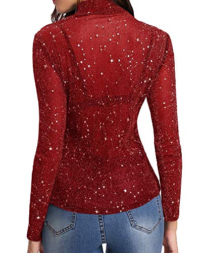 Women's Long Sleeve Short Sleeve Glitter Sheer Mesh Tops T Shirt Blouse Clubwear