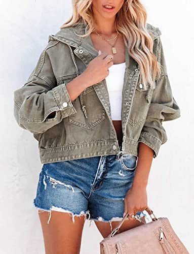 Denim Jacket for Women Distressed Ripped Frayed Crop Jean Jacket American Flag Long Sleeve Light Blue Button Closure Bike Coat