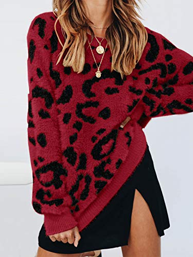 Womens Leopard Crewneck Sweater Oversized Casual Loose Basic Sherpa Pullover Knit Jumper