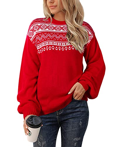 Women's Chunky Sweater Crewneck Sweatshirt Knit Lantern Sleeve Oversized Pullover Sweater with Pearls (Large, Grey)