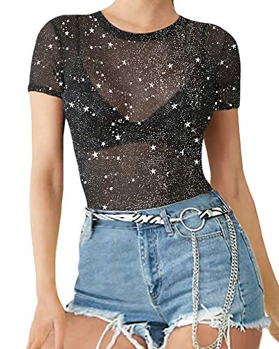 Women's Long Sleeve Short Sleeve Glitter Sheer Mesh Tops T Shirt Blouse Clubwear