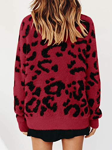 Womens Leopard Crewneck Sweater Oversized Casual Loose Basic Sherpa Pullover Knit Jumper
