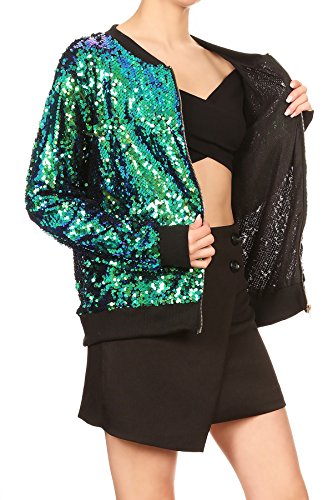 Womens Sequin Long Sleeve Front Zip Jacket with Ribbed Cuffs, Gold, Small