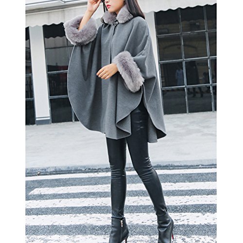 Womens Winter Batwing Long Sleeve Poncho Jacket Elegant Faux Fur Collar Cloak Coat(order 1 size bigger than your Normal Size)