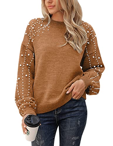 Women's Chunky Sweater Crewneck Sweatshirt Knit Lantern Sleeve Oversized Pullover Sweater with Pearls (Large, Grey)