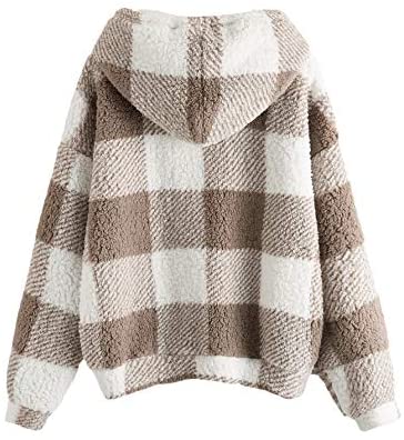 Women's Plaid Long Sleeve Hooded Sweatshirt Fuzzy Fleece Pullover Tops