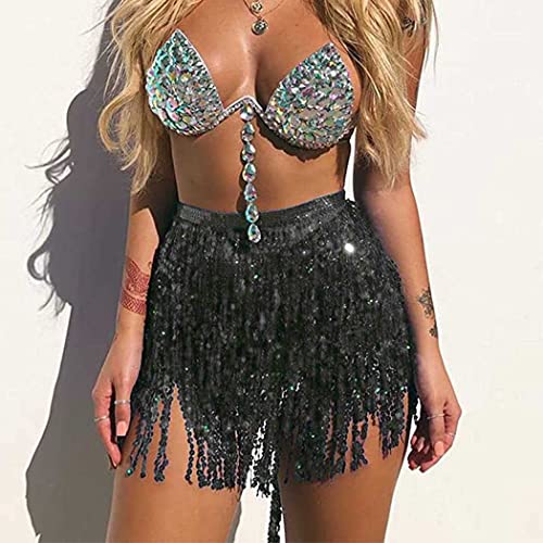 Belly Dance Hip Skirt Tassel Scarf Sequin Wrap Rave Costume for Women (Blue)