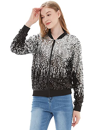 Womens Sequin Long Sleeve Front Zip Jacket with Ribbed Cuffs, Gold, Small