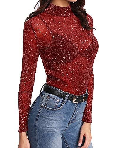 Women's Long Sleeve Short Sleeve Glitter Sheer Mesh Tops T Shirt Blouse Clubwear