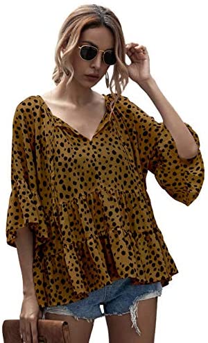 Women's Casual V Neck Flounce 3/4 Sleeve Top Ruffle Loose Blouse