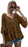 Women's Casual V Neck Flounce 3/4 Sleeve Top Ruffle Loose Blouse