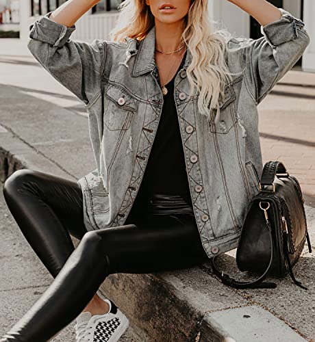 Denim Jacket for Women Distressed Ripped Frayed Crop Jean Jacket American Flag Long Sleeve Light Blue Button Closure Bike Coat