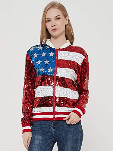 Womens Sequin Long Sleeve Front Zip Jacket with Ribbed Cuffs, Gold, Small