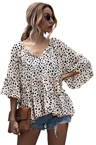 Women's Casual V Neck Flounce 3/4 Sleeve Top Ruffle Loose Blouse