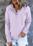 Womens Casual Hoodies Long Sleeve Drawstring Lightweight Solid Hooded Sweatshirt Button Loose Pullover Tops Fall Clothes with Pocket