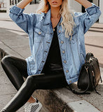 Denim Jacket for Women Distressed Ripped Frayed Crop Jean Jacket American Flag Long Sleeve Light Blue Button Closure Bike Coat