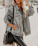 Denim Jacket for Women Distressed Ripped Frayed Crop Jean Jacket American Flag Long Sleeve Light Blue Button Closure Bike Coat