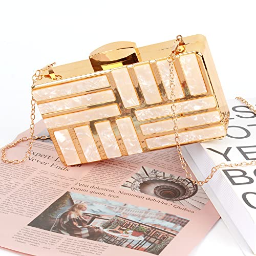 Women Lattice Pattern Metal Handbag Chain Geometric Evening Clutch Purse, Gold