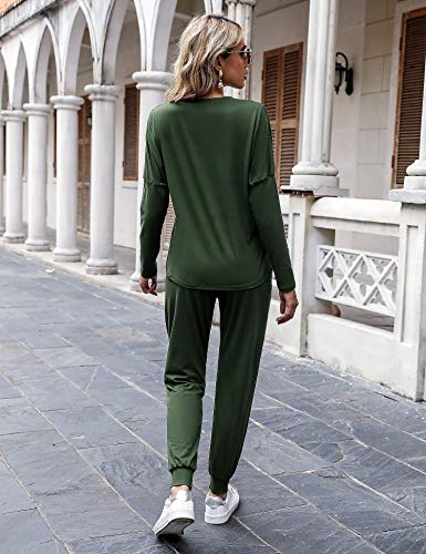 Women's Long Sleeve Loungewear Crewneck Pullover Tops Long Pants Sweatsuits Tracksuits with Pockets Army Green