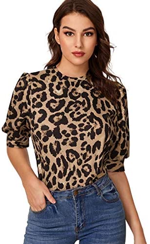 Women's Puff Sleeve Leopard Print Work Blouse Casual Hight Neck Top Leopard