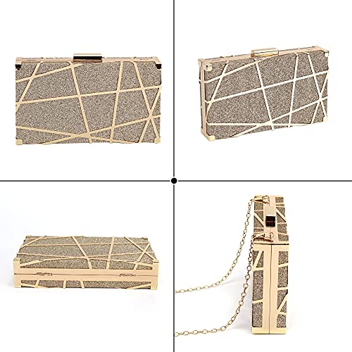 Women Lattice Pattern Metal Handbag Chain Geometric Evening Clutch Purse, Gold