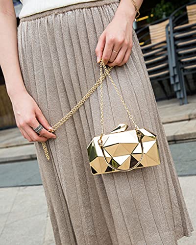 Women Lattice Pattern Metal Handbag Chain Geometric Evening Clutch Purse, Gold