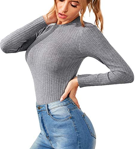 Women's Mock Neck Long Sleeve Sweaters Solid Ribbed-Knit Pullover Tops