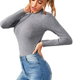 Women's Mock Neck Long Sleeve Sweaters Solid Ribbed-Knit Pullover Tops