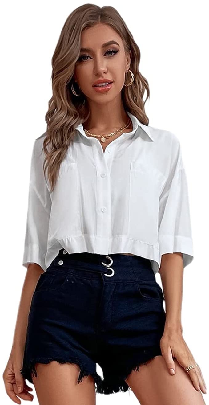 Women's Drop Shoulder Button Front Pocket Blouse Half Sleeve Blouse Shirt
