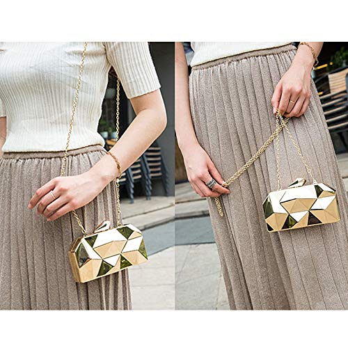 Women Lattice Pattern Metal Handbag Chain Geometric Evening Clutch Purse, Gold
