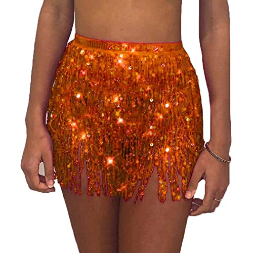 Belly Dance Hip Skirt Tassel Scarf Sequin Wrap Rave Costume for Women (Blue)
