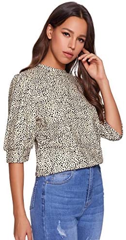 Women's Puff Sleeve Leopard Print Work Blouse Casual Hight Neck Top Leopard