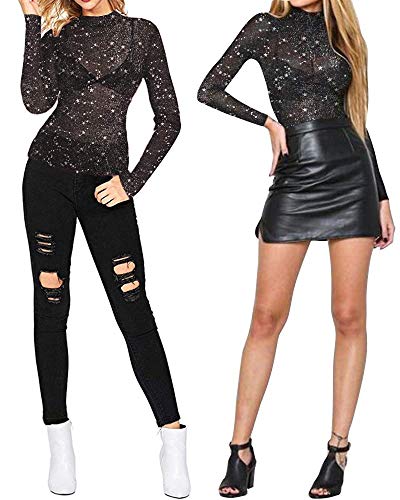 Women's Long Sleeve Short Sleeve Glitter Sheer Mesh Tops T Shirt Blouse Clubwear