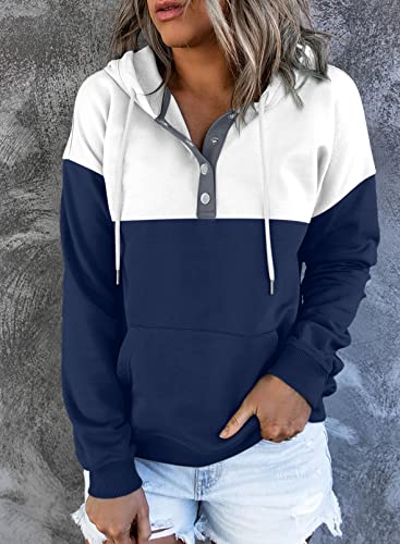 Womens Casual Hoodies Long Sleeve Drawstring Lightweight Solid Hooded Sweatshirt Button Loose Pullover Tops Fall Clothes with Pocket