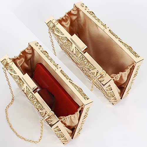 Women Lattice Pattern Metal Handbag Chain Geometric Evening Clutch Purse, Gold