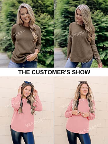 Women's Long Sleeve Oversized Crew Neck Solid Color Knit Pullover Sweater Tops Mocha